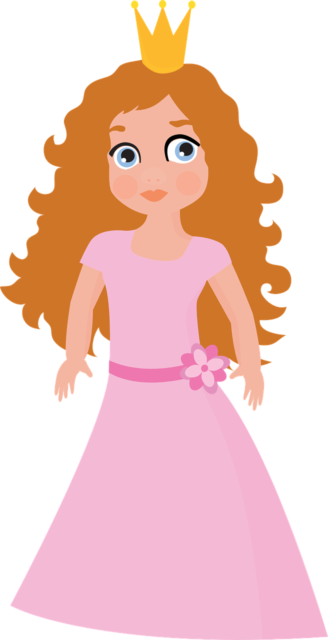 a girl in a pink dress with a crown on her head, a cartoon, trending on pixabay, curly red hair, dora the explorer as real girl, untextured, yo