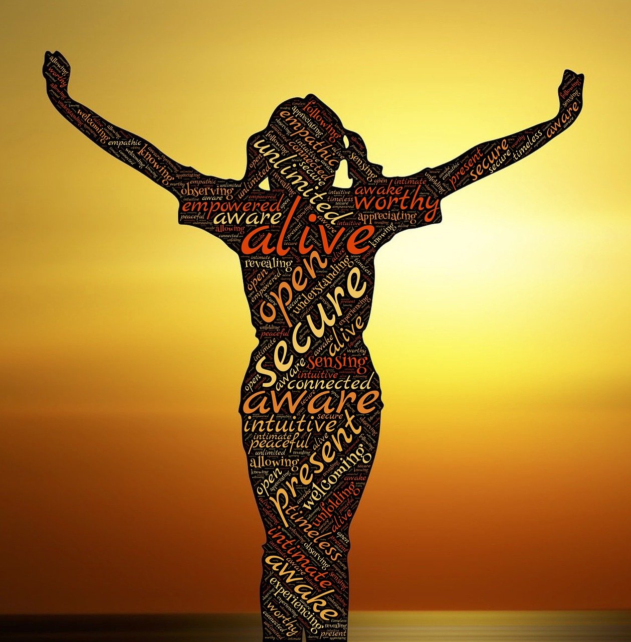 a silhouette of a woman with words all over her body, pixabay, arms stretched wide, arms crossed on chest, vulvina queen of ecstasy, intertwined full body view