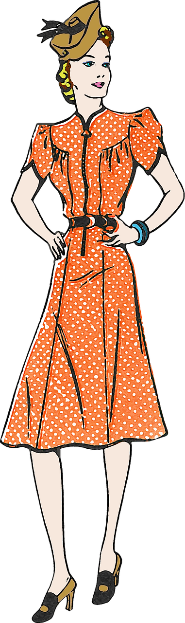 a drawing of a woman in an orange dress, by Bob Singer, pixabay, pop art, polka dot, 1930s film, long skirt, with a black background