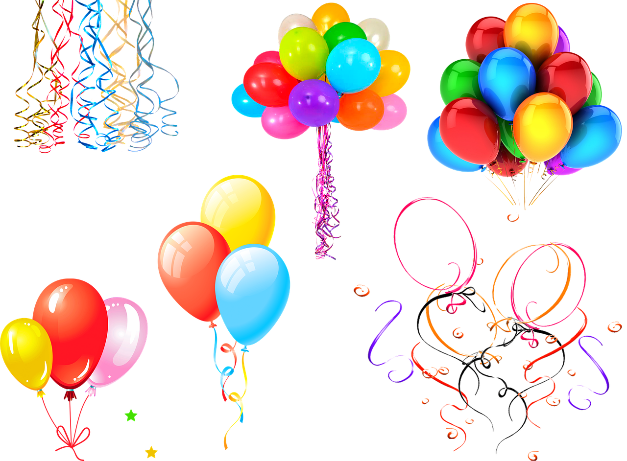 a bunch of balloons and streamers on a black background, concept art, shutterstock, set of high quality hd sprites, 😃😀😄☺🙃😉😗, twinkling and spiral nubela, photoshop collage