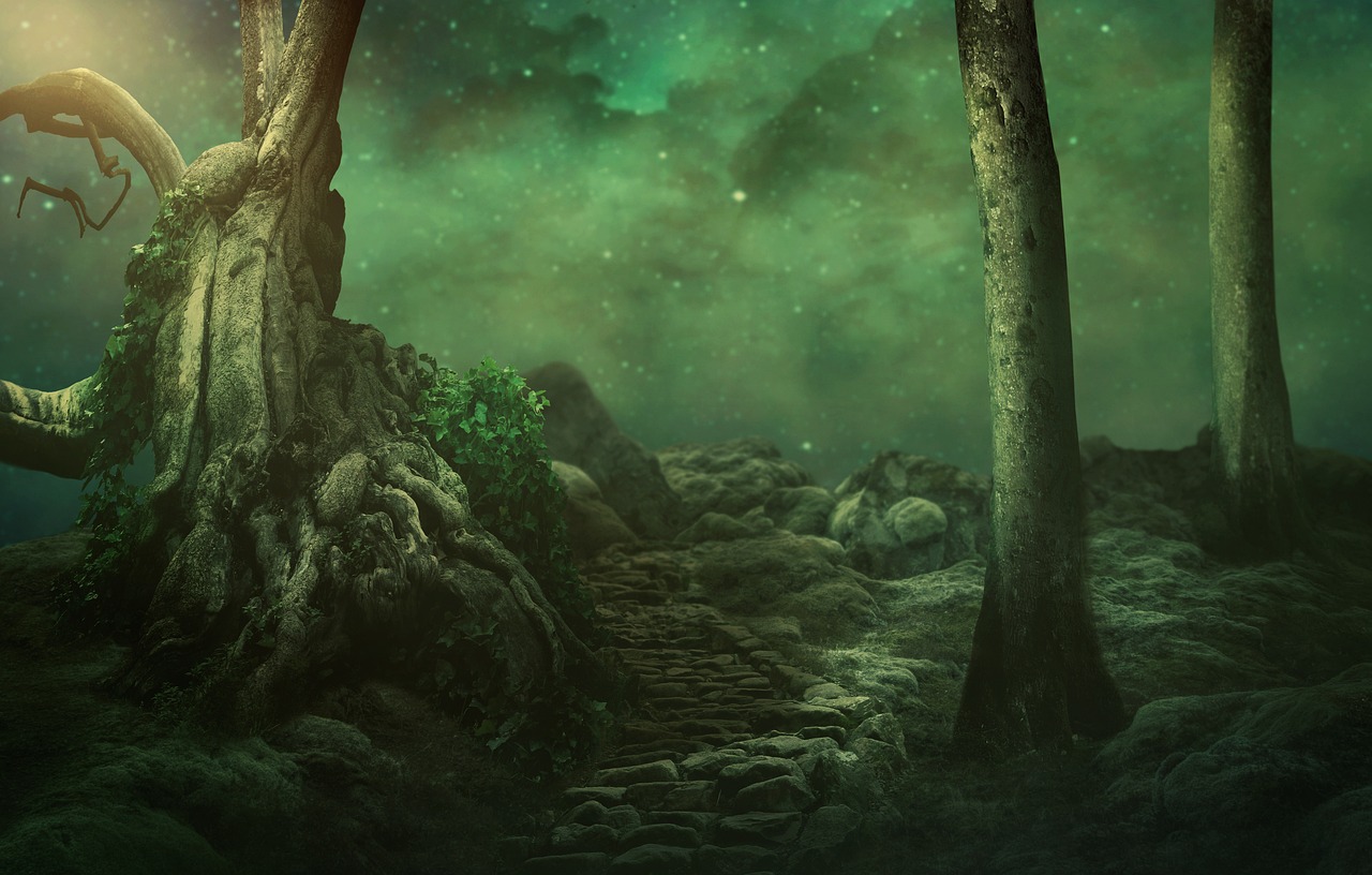 a large tree in the middle of a forest, digital art, inspired by lovecraft, deviantart contest winner, an image of a moonlit forest, a beautiful pathway in a forest, background image, mobile wallpaper