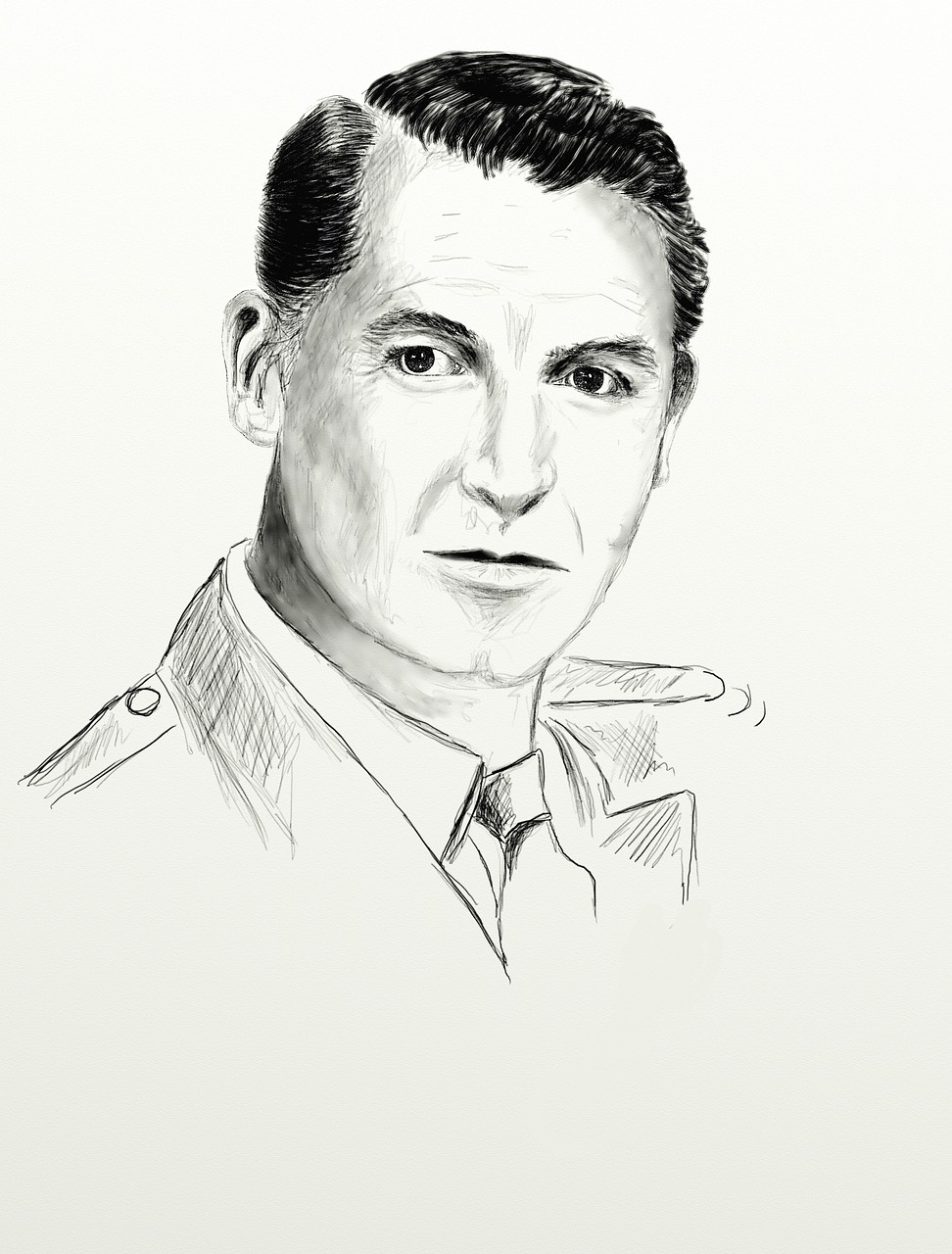 a drawing of a man in a suit and tie, digital art, by Pál Balkay, portrait of tom cruise, josip broz tito, pen and ink monochrome, pierce brosnan