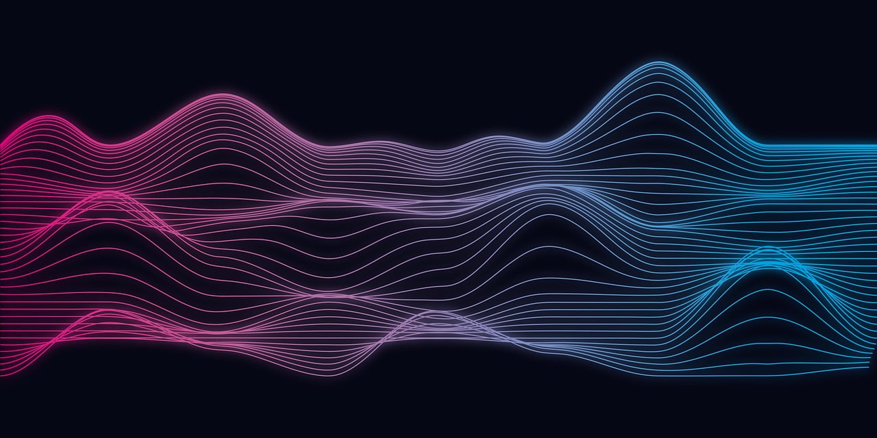 a blue and pink wave pattern on a black background, generative art, 3d wireframe, thin line art, 1128x191 resolution, sound wave