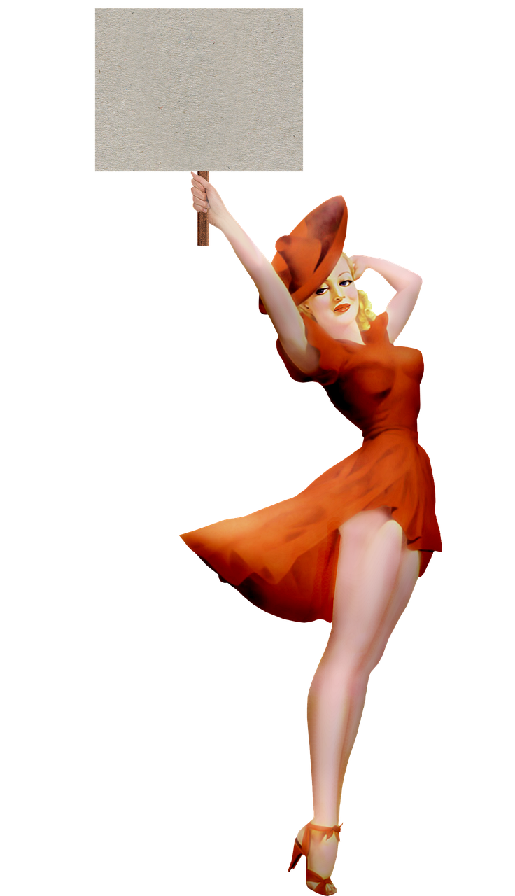 a woman in an orange dress holding a sign, a raytraced image, by Alberto Vargas, digital art, she is dancing. realistic, character with a hat, low quality photo, marilyn monroe