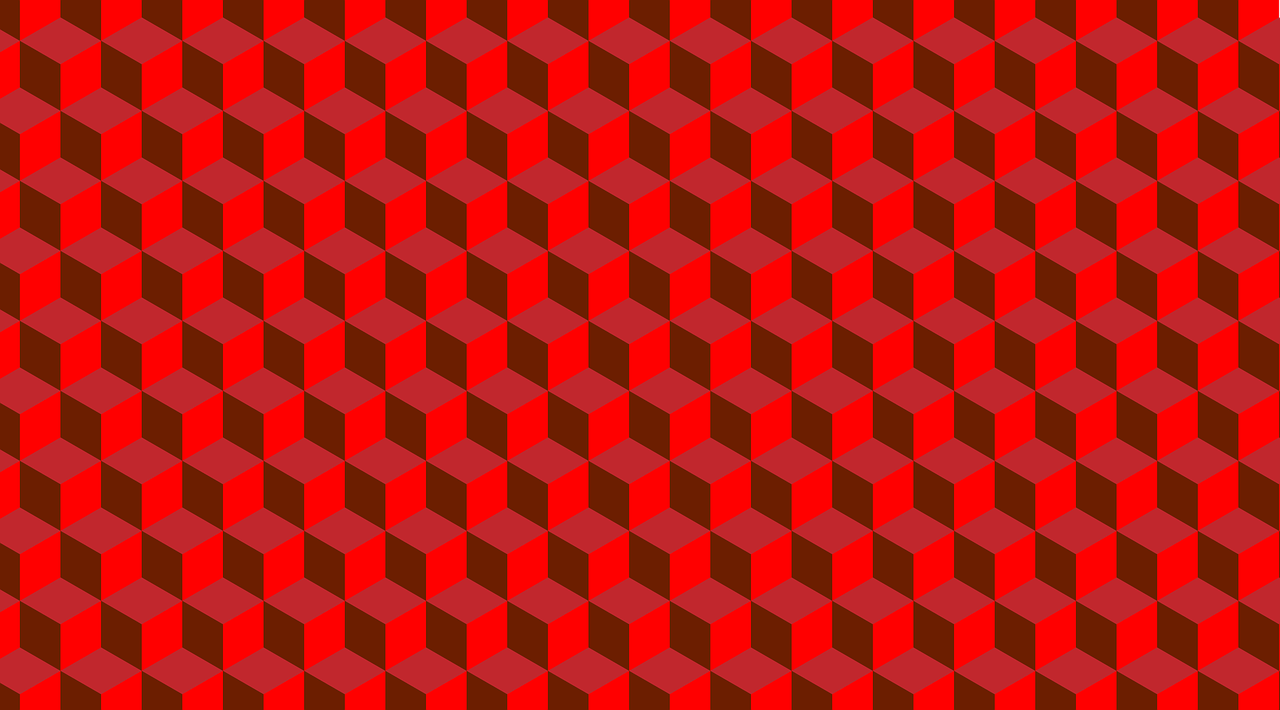 a red and brown checkered pattern with squares, optical illusion, ((yellow magic orchestra)), building blocks, red building, hexagonal pattern