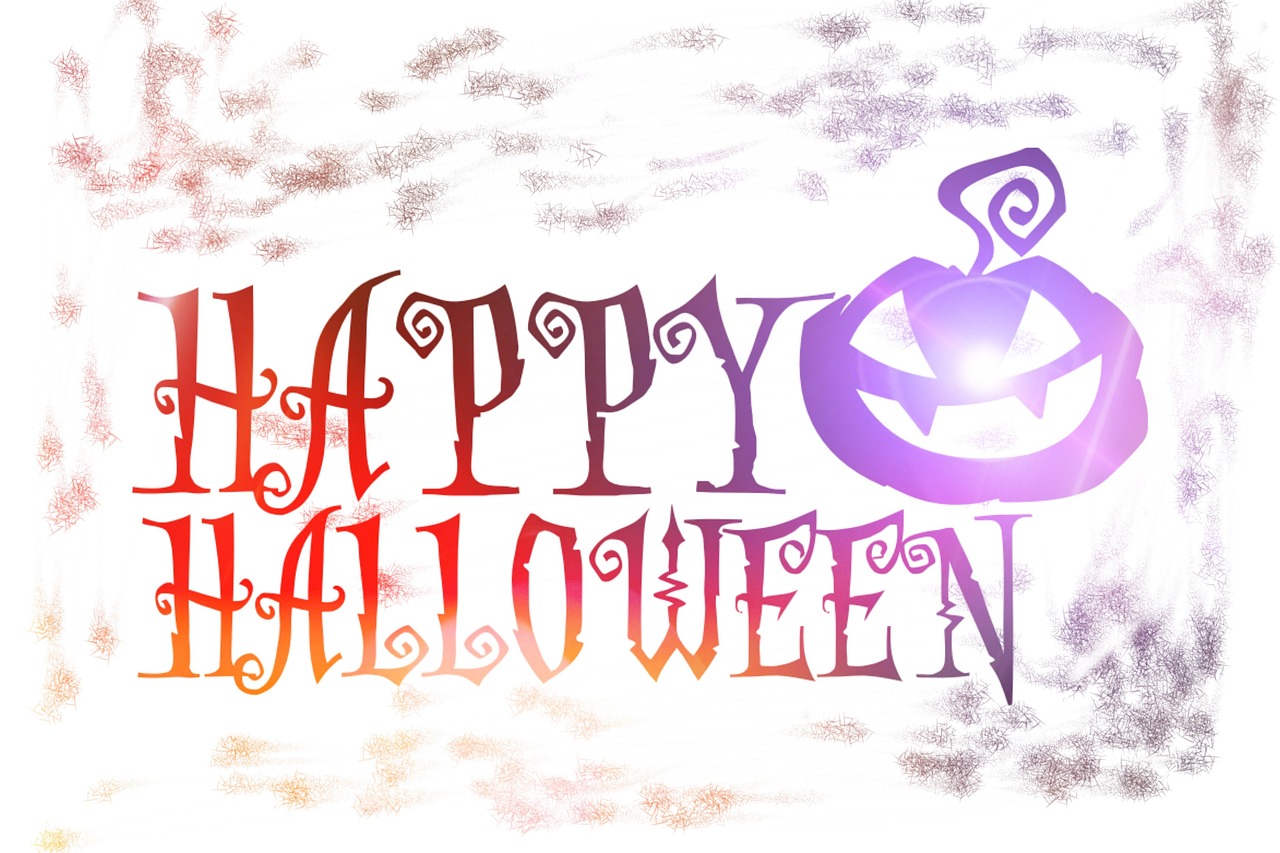 a sign that says happy halloween with a pumpkin, by Pamela Drew, pixabay, white background, irridescent ghostly, - signature, lightbox