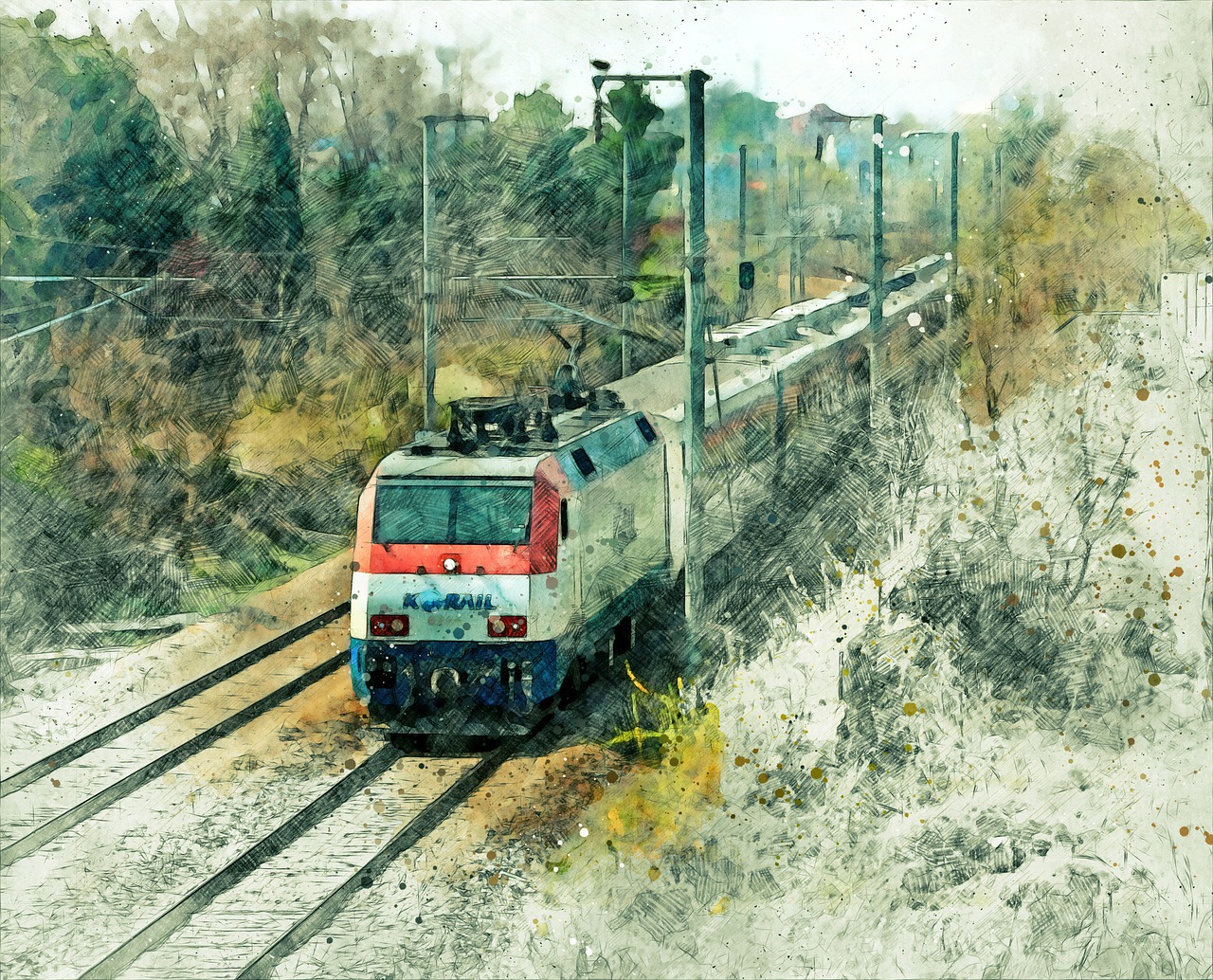 a watercolor painting of a train coming down the tracks, a digital painting, by Relja Penezic, shutterstock, grainy photograph, mixed media style illustration, scratches on photo, suburban
