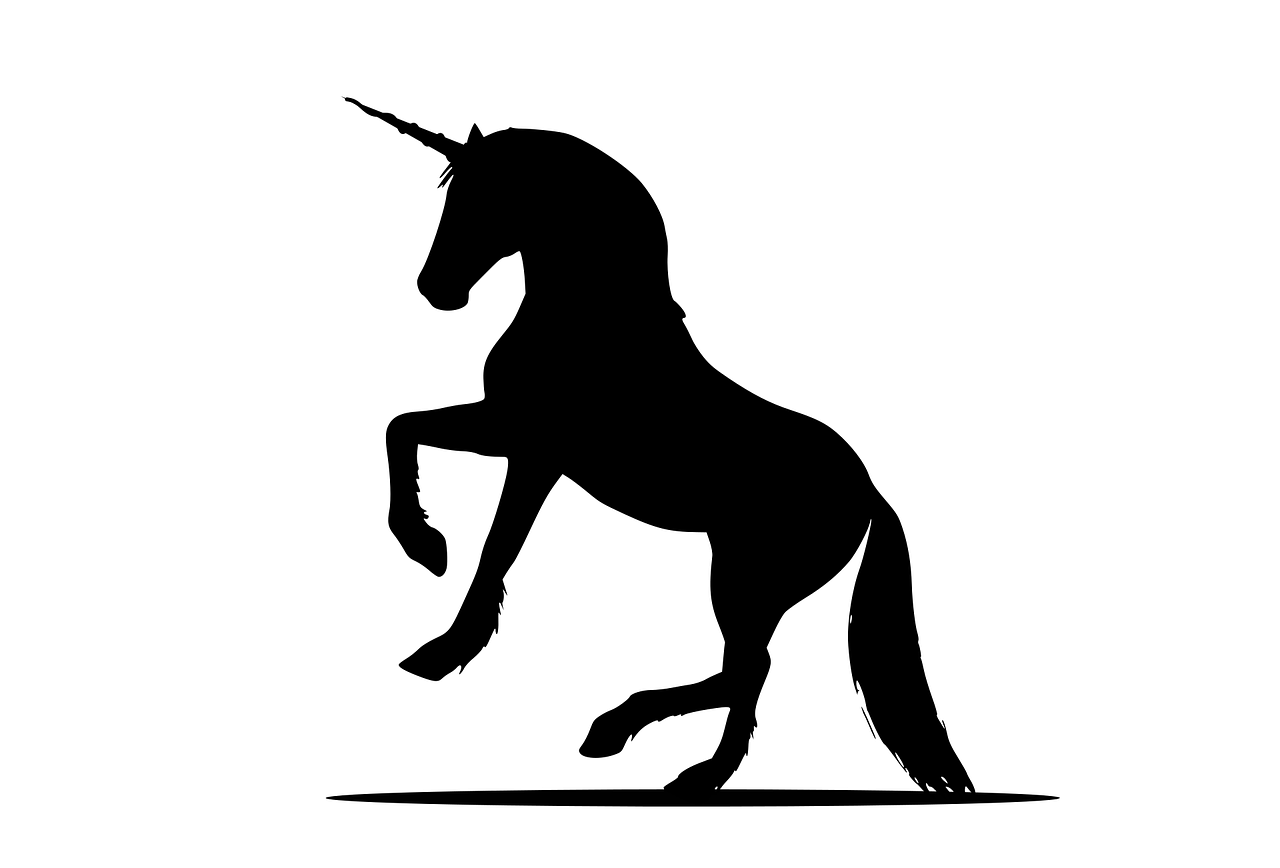 a black silhouette of a unicorn standing on its hind legs, an illustration of, shutterstock, minimalism, unicorn horn, grind, polished : :, editorial image