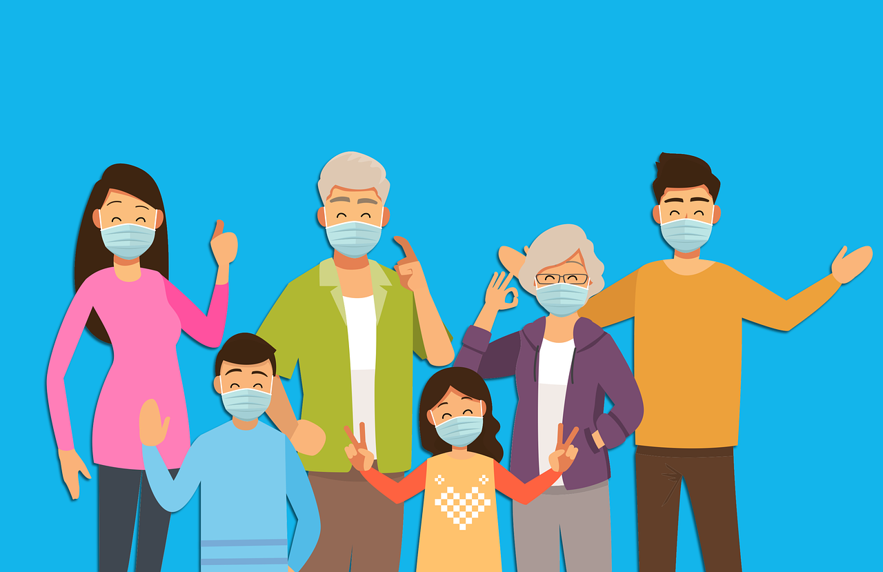 a group of people wearing face masks, an illustration of, shutterstock, happy family, with a blue background, old man doing with mask, winning illustration