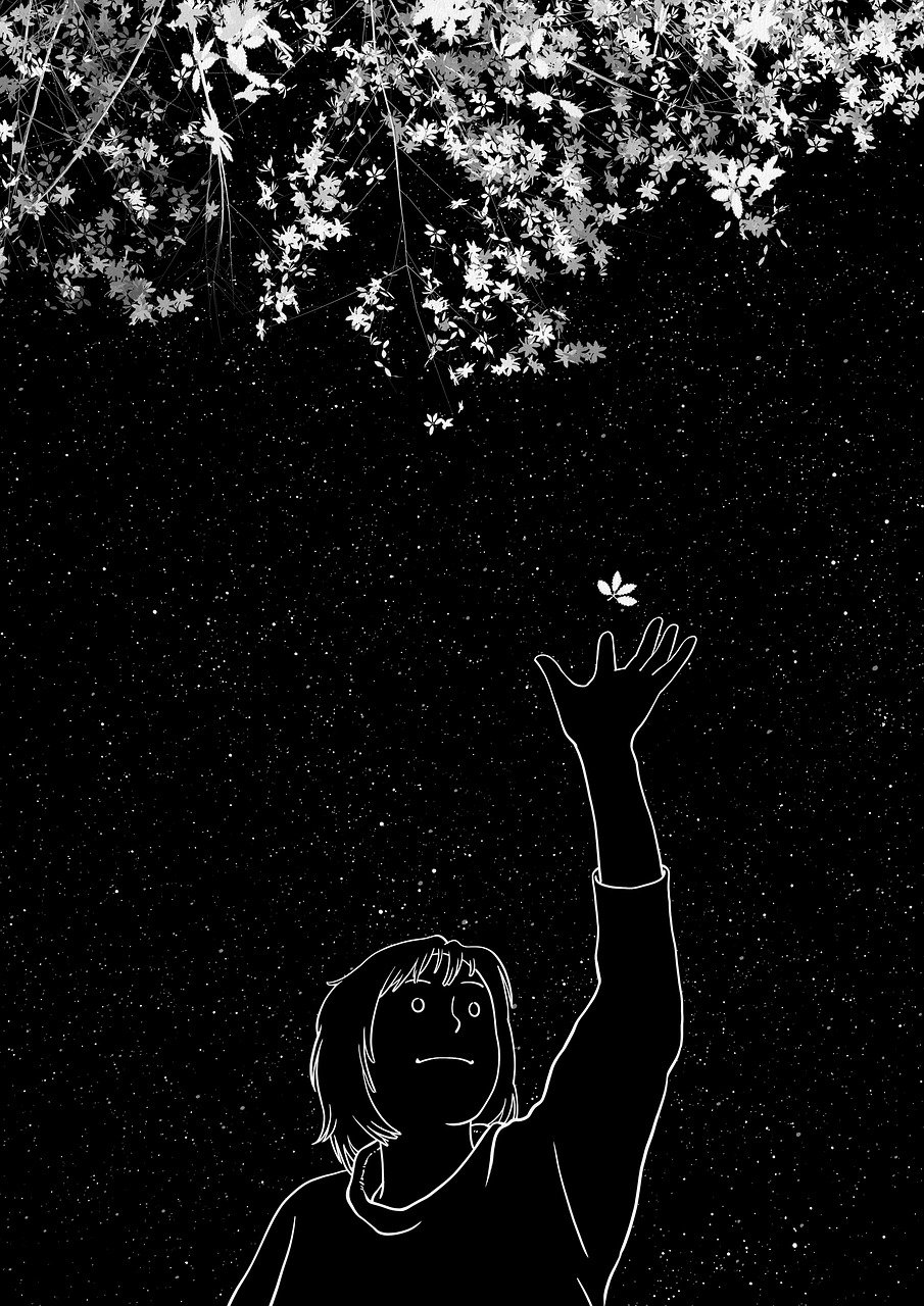 a black and white drawing of a person flying a kite, by Shingei, tumblr, conceptual art, night sky full of flowers, tiny stars, loss comic, leafs falling