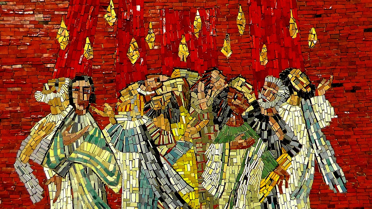 a painting of a group of people standing next to each other, a mosaic, trending on pixabay, cloisonnism, flames, epiphany, digital art extreme detail, dancing