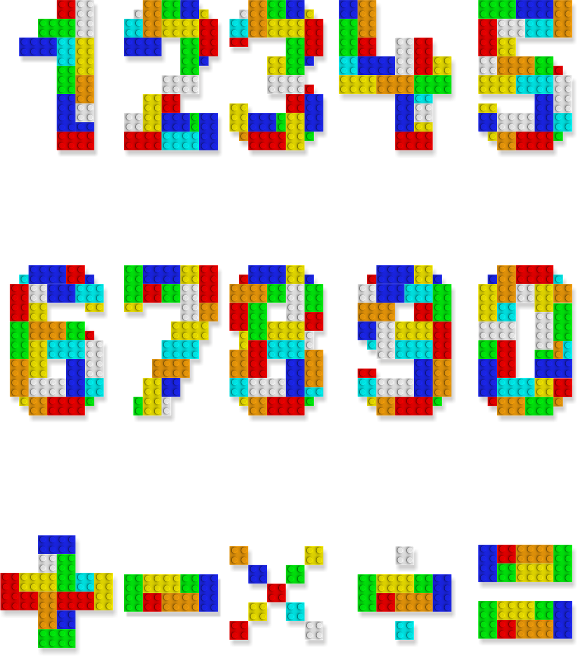 a font made out of lego blocks on a black background, pixel art, inspired by Ernő Rubik, numerology, vivid color.digital 2d, 7 0 s visuals, pixologic top row