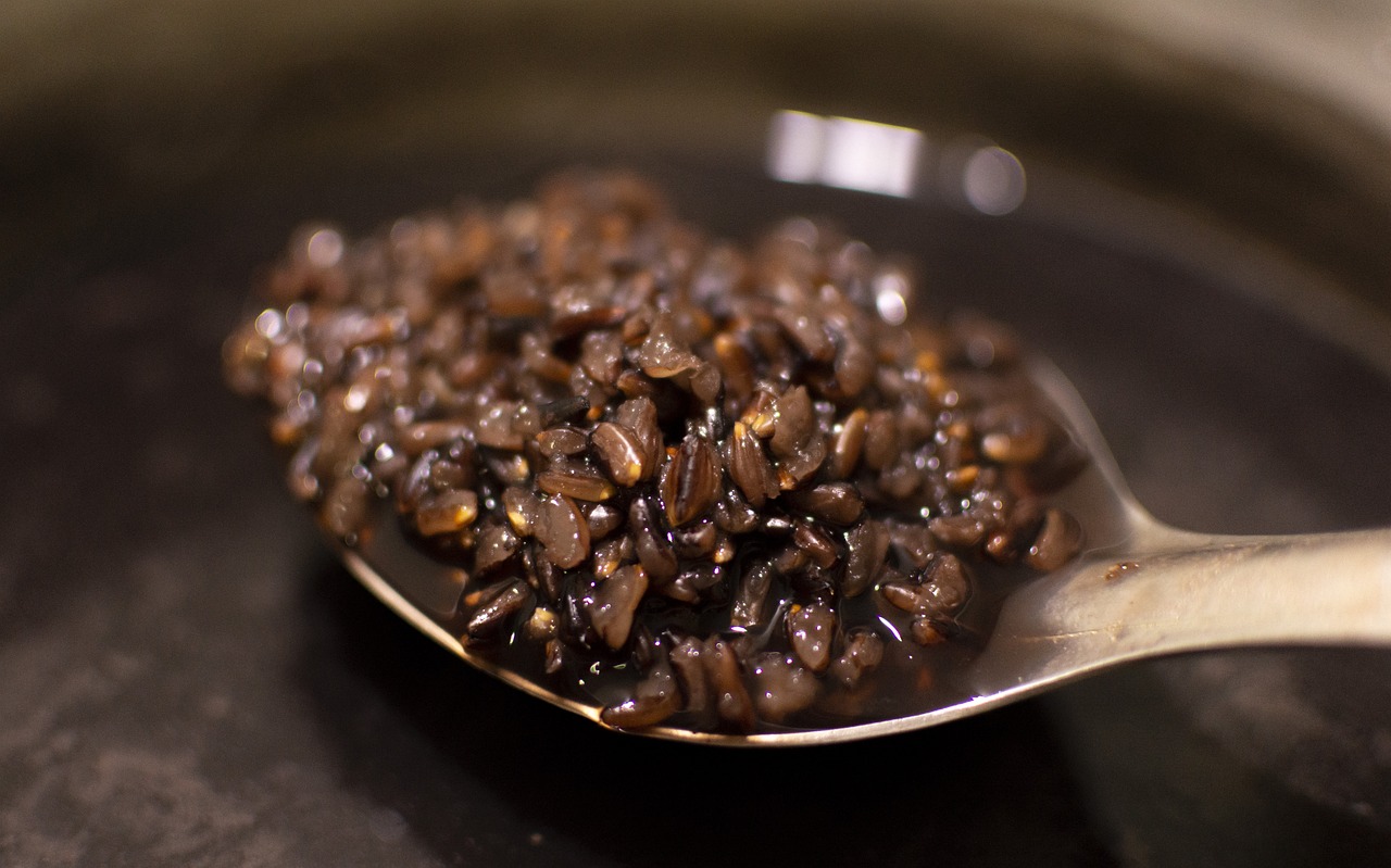 a spoon full of beans sitting on top of a stove, a macro photograph, by Jason Felix, flickr, drooling ferrofluid, crows feet, rice, [ realistic photo ]!!