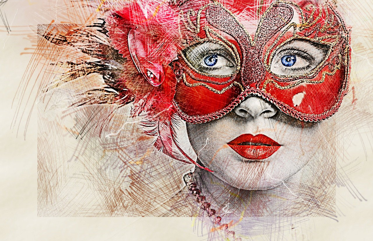 a drawing of a woman wearing a red mask, a color pencil sketch, by Walenty Wańkowicz, trending on pixabay, digital art, carnival background, mixed media style illustration, painting of beautiful, rich aquarel