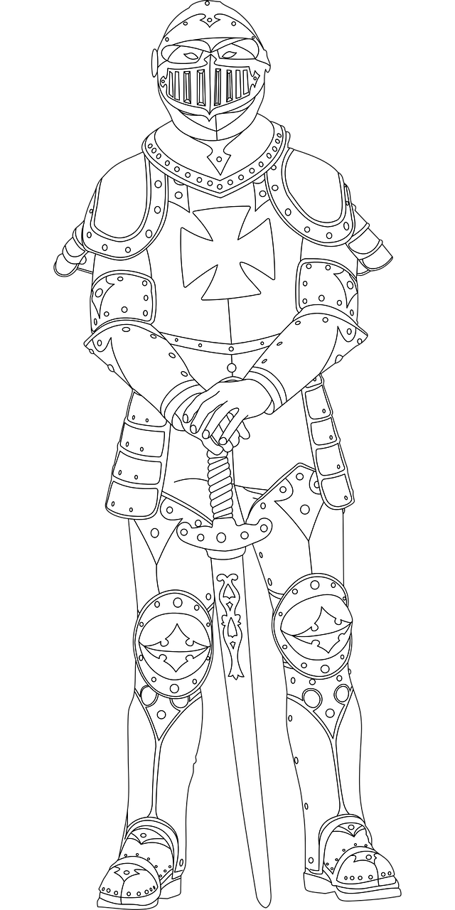 a drawing of a knight holding a sword, lineart, inspired by Simon de Vlieger, pixabay, black leather armor, 1024x1024, coloring book outline, gloden armor