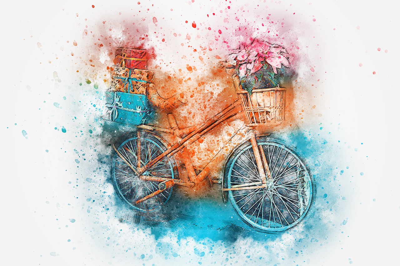 a watercolor painting of a bicycle with a basket full of gifts, a digital painting, by Maksimilijan Vanka, pixabay contest winner, action painting, orange and blue color scheme, amazing blend effect, istock, avatar image
