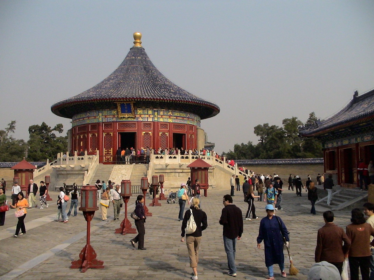 a group of people walking around a building, a picture, by Li Di, flickr, cloisonnism, temple of heaven, platforms, [sirius], 6 4 0