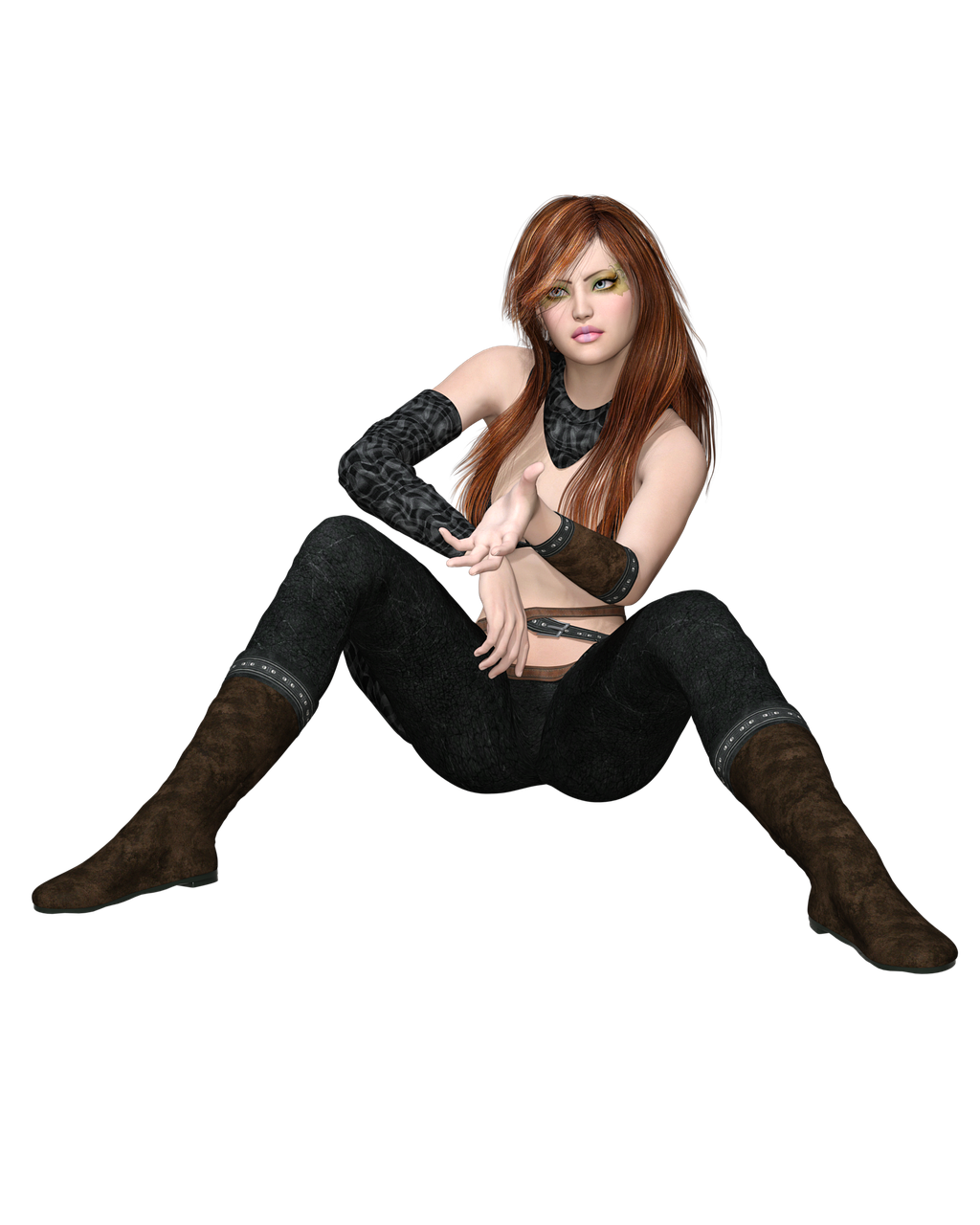 a woman sitting on the ground with her legs crossed, a 3D render, inspired by Mary Jane Begin, renaissance, in a dark space mercenary outfit, maiden with copper hair, jeans and knee high black boots, doing a sassy pose