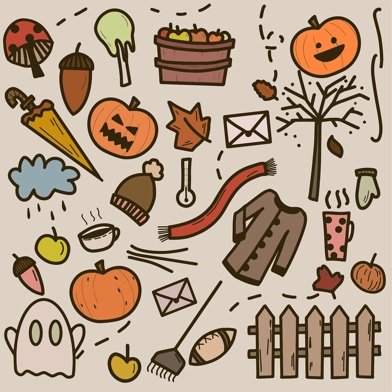 a collection of hand drawn halloween icons, a cartoon, by Gawen Hamilton, conceptual art, muted fall colors, in karuizawa, beginning of autumn, straw