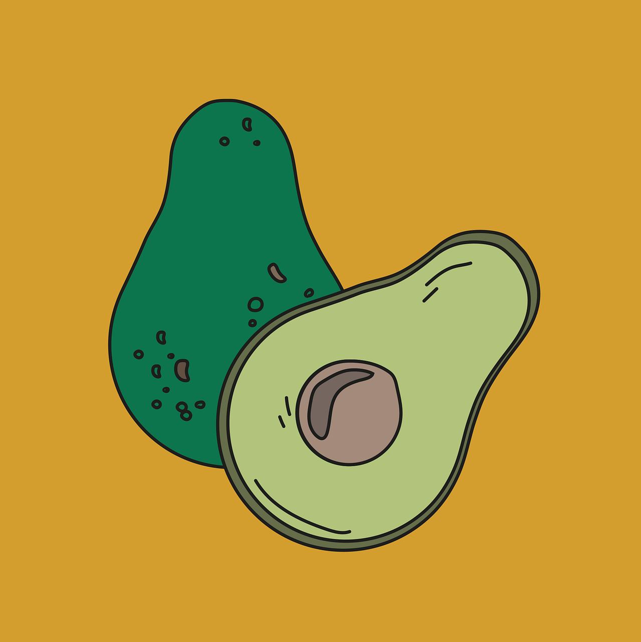 an avocado on a yellow background, vector art, pop art, clean lineart and flat color, illustration and sketch, avatar image, coloured