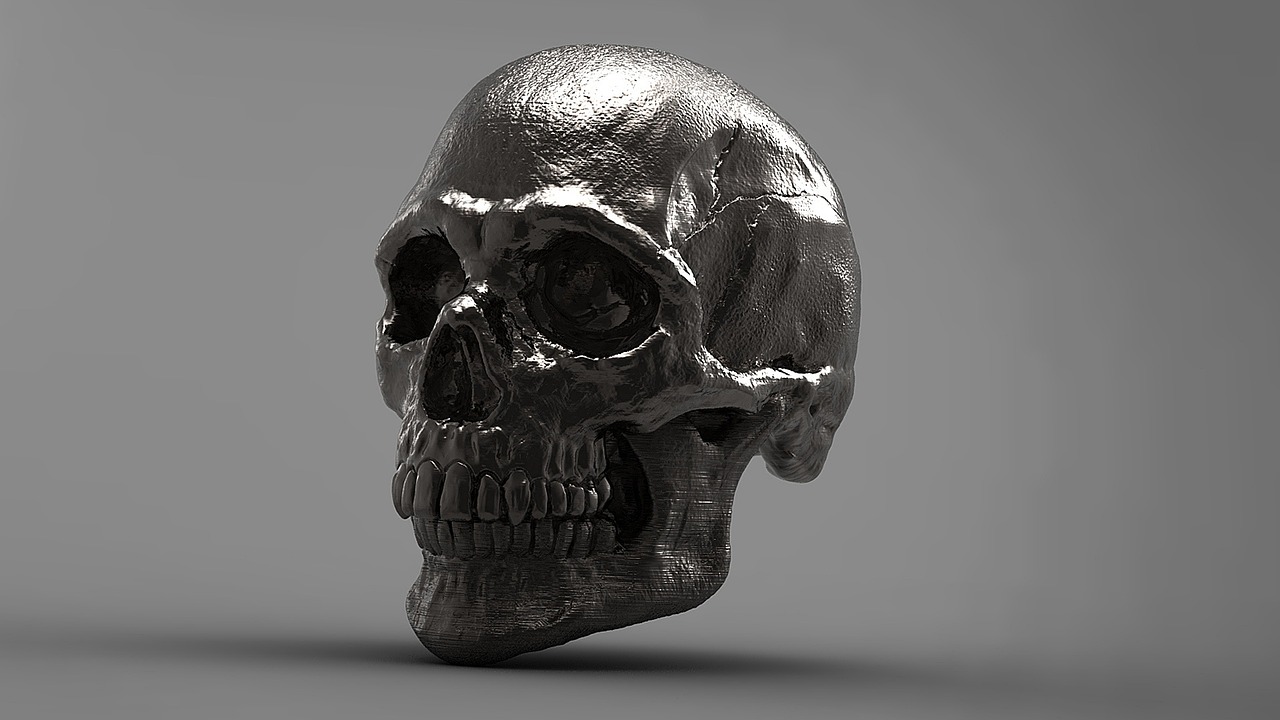 a black and white photo of a human skull, a 3D render, by Aleksander Gierymski, trending on zbrush central, hyperrealism, chrome metal material, 8k 3d render, highly detailed picture, metal skin with some scratches