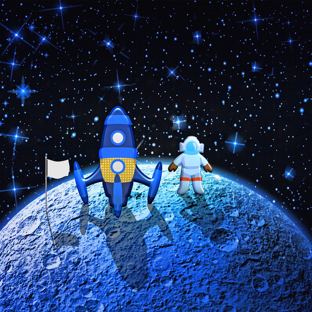 a couple of people standing on top of a blue planet, space art, toy commercial photo, moon surface background, tiny spaceship!!, army of robotic space penguins