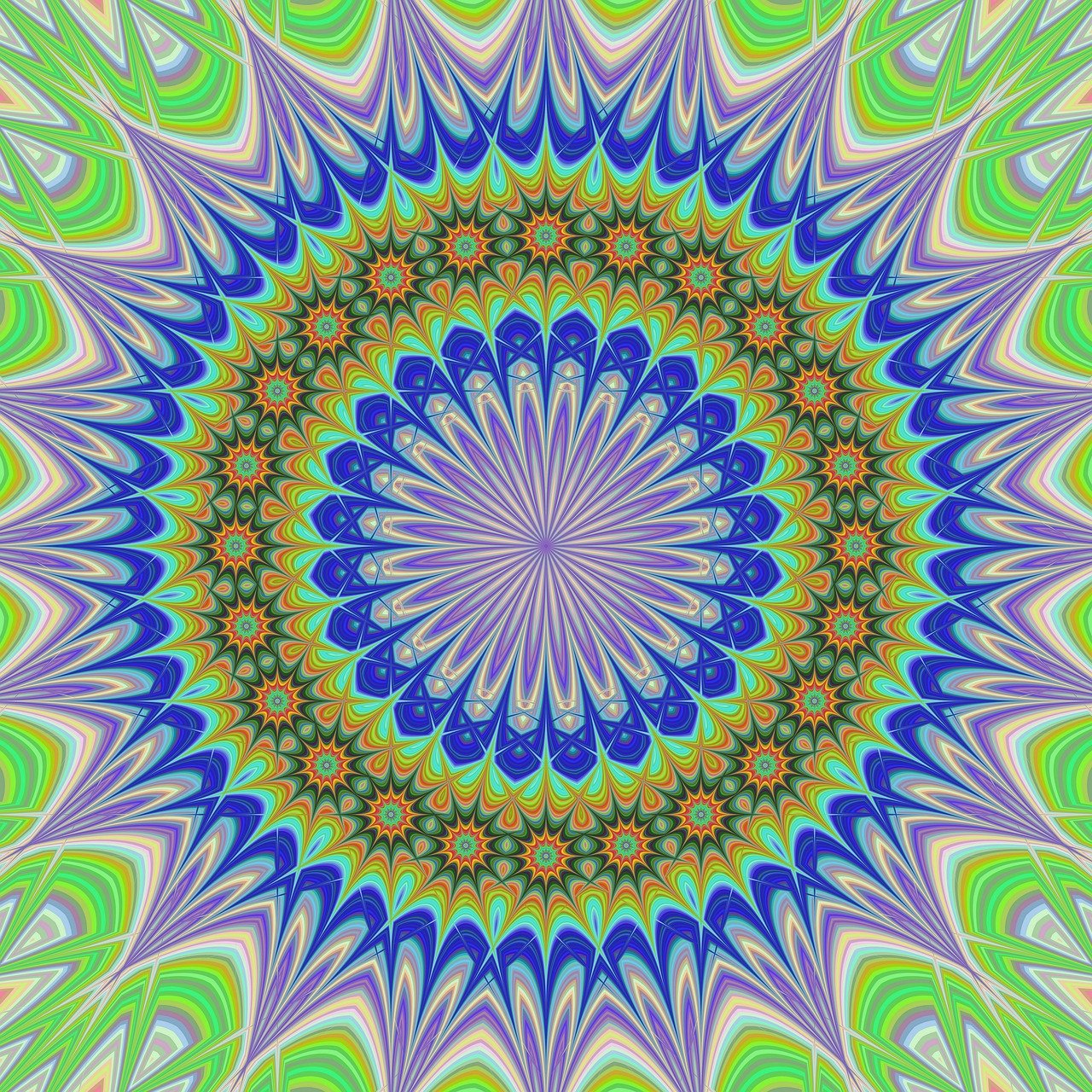 a computer generated image of a starburst, inspired by Benoit B. Mandelbrot, abstract illusionism, green and blue and warm theme, lying on a mandala, repeating pattern, stylized geometric flowers