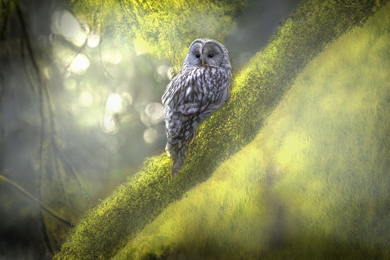 an owl sitting on top of a moss covered tree, inspired by Robert Bateman, shutterstock contest winner, baroque, foggy volumetric light morning, sparkling in the sunlight, high quality fantasy stock photo