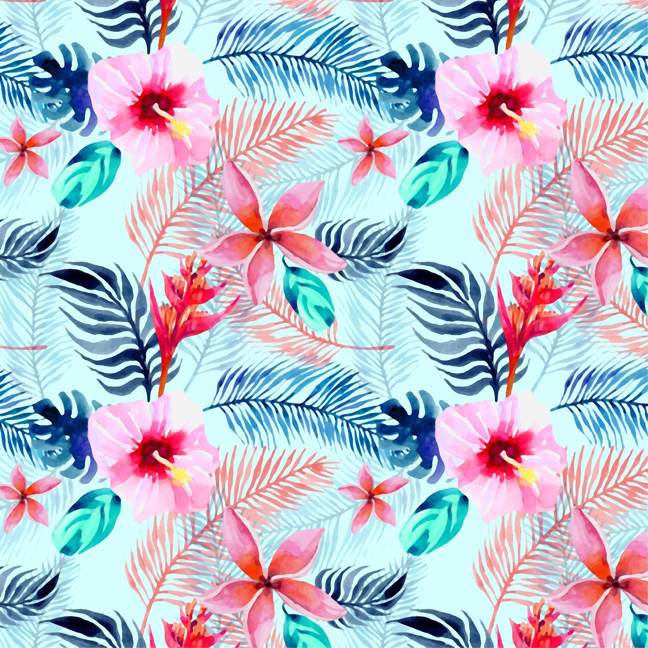 a pattern of flowers and leaves on a blue background, shutterstock, palmtrees, aquarelle, print!, hibiscus