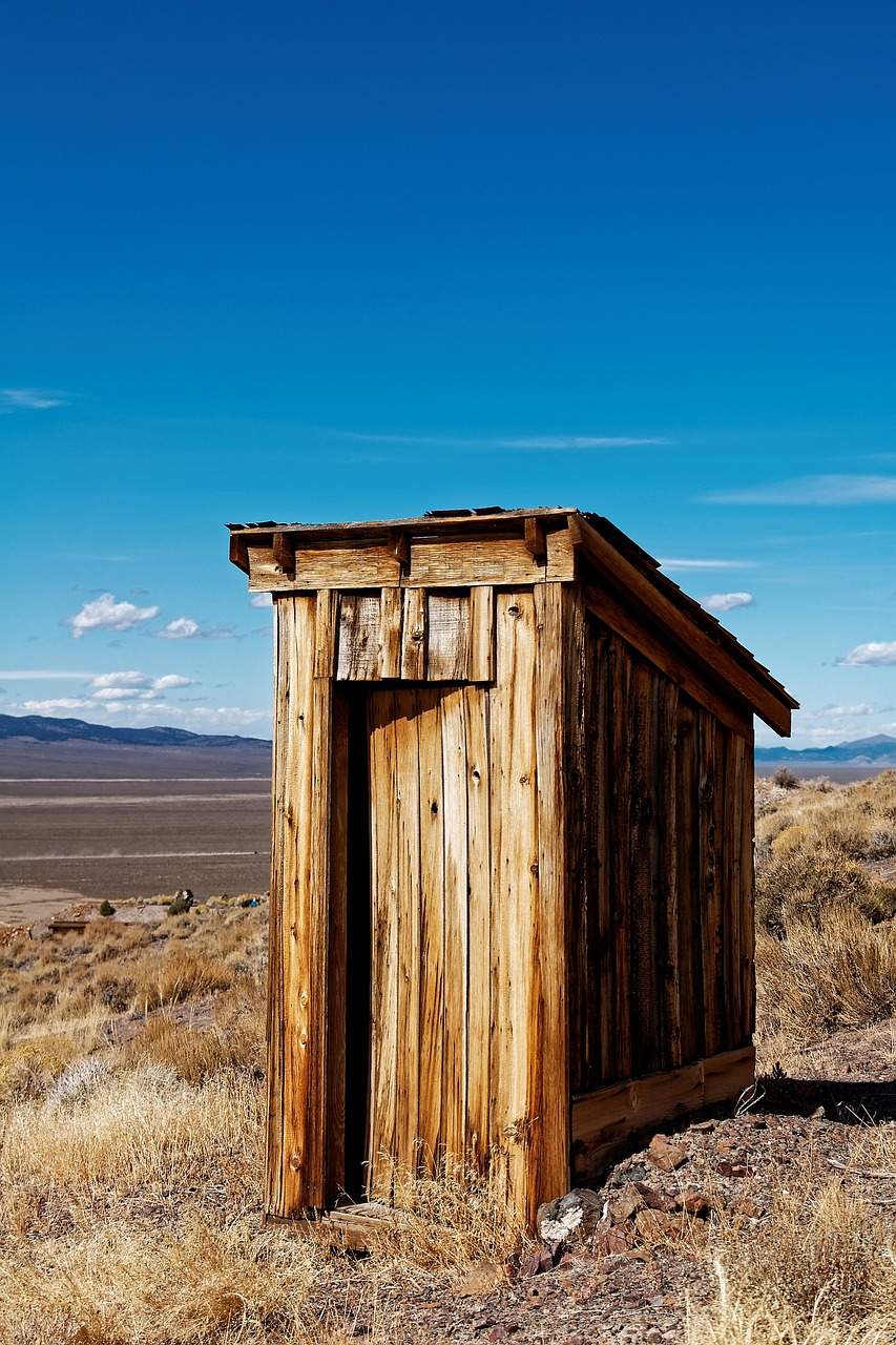 a wooden outhouse sitting on top of a dry grass covered field, renaissance, desolate desert landscape, sweeping vista, poop, blue sky
