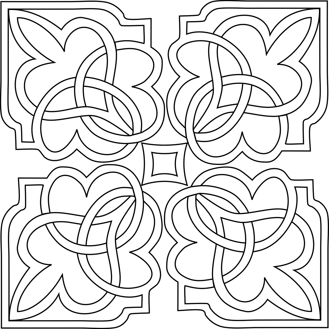 a white celtic design on a black background, a digital rendering, inspired by Sándor Bortnyik, trending on pixabay, arabesque, tiles, four, thick outlines, wikimedia commons