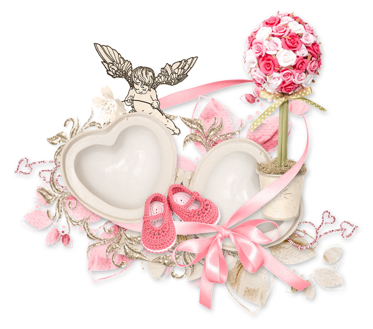 a couple of hearts sitting on top of a table, digital art, by Marie Angel, ribbons and flowers, pregnancy, beautiful frames, lots de details