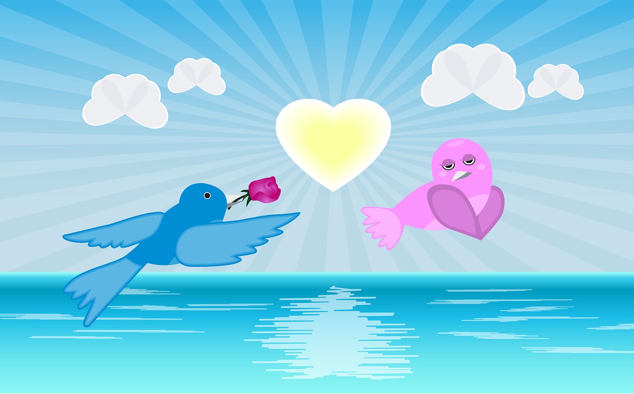 a couple of birds flying over a body of water, vector art, romanticism, peace and love, blue and pink colors, marketing photo, vector