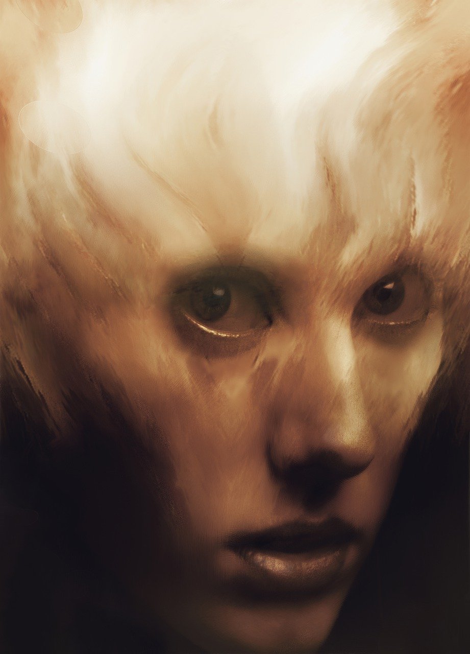 a close up of a person with white hair, a digital painting, inspired by Grzegorz Domaradzki, christopher shy, alien girl, tonalism illustration, frightened look