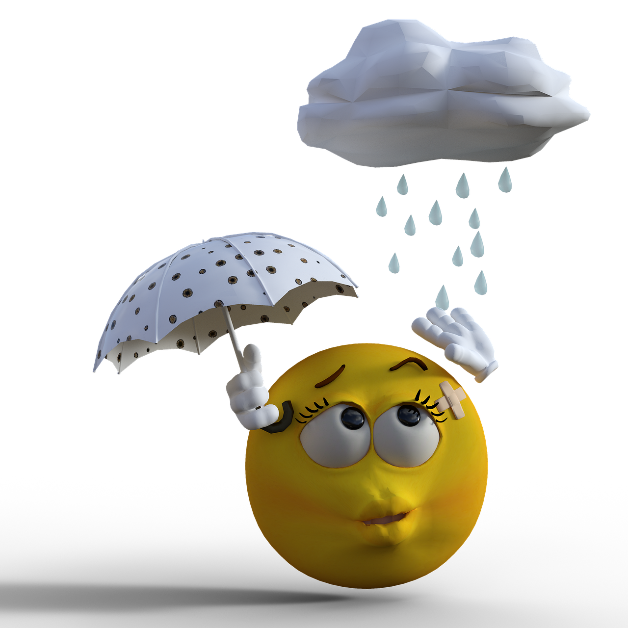 a smiley face holding an umbrella in the rain, a digital rendering, a sad cheese puppet, on black background, watch photo