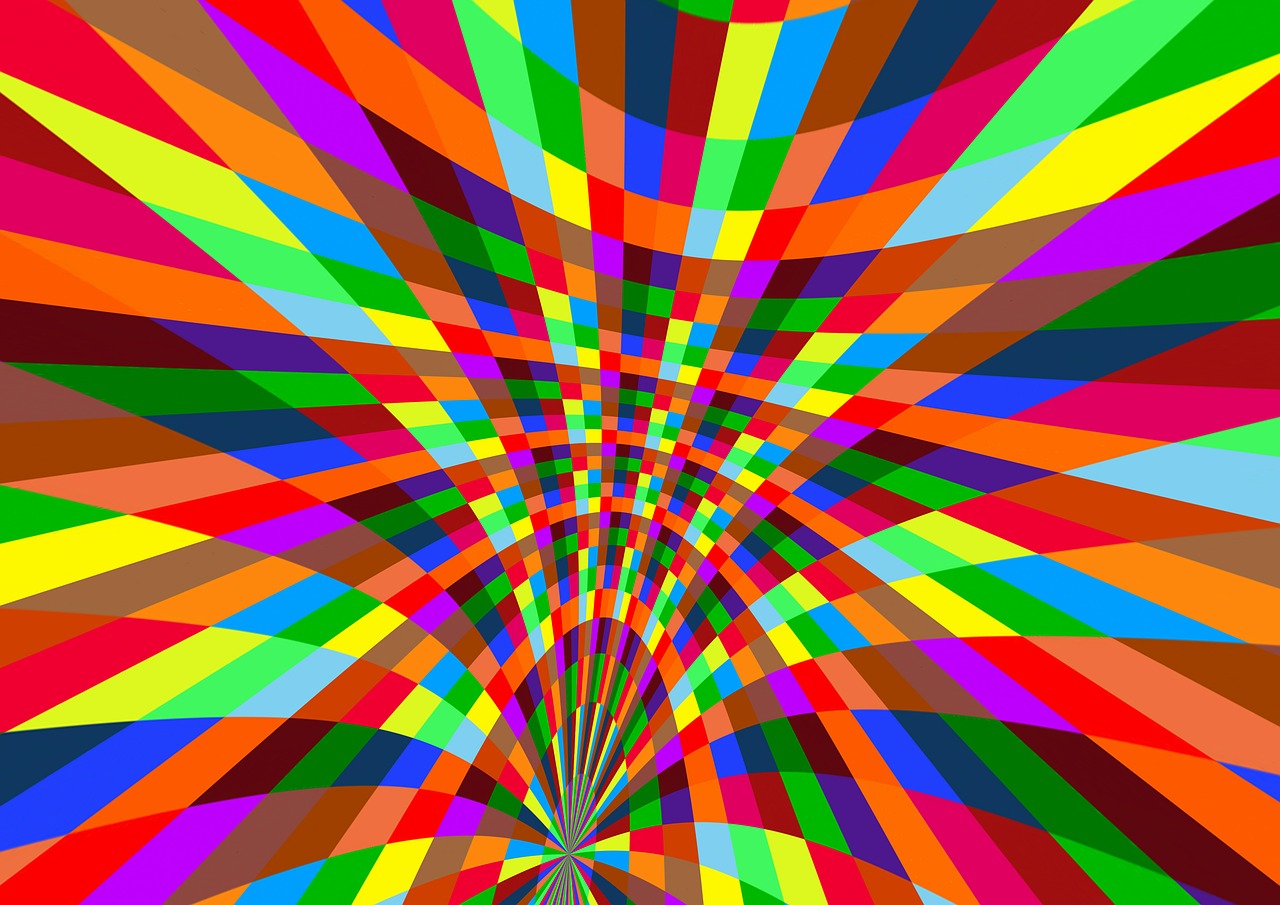 a multicolored image of a bouquet of flowers, a raytraced image, inspired by Victor Vasarely, abstract illusionism, in a colorful tent, checkered pattern, rays, inside the picture is infinity
