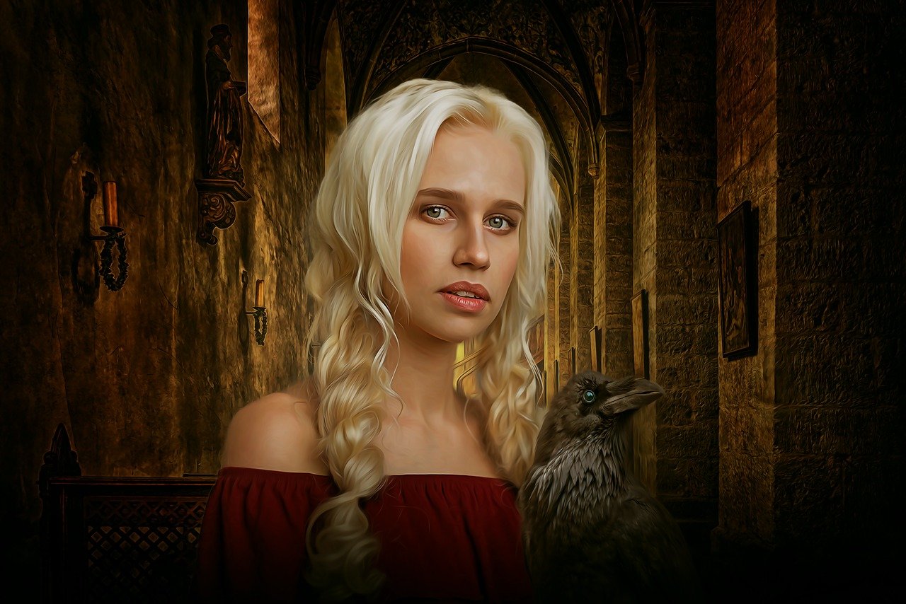 a woman in a red dress holding a bird, a character portrait, inspired by Anne Stokes, deviantart contest winner, fantasy art, with long white hair, retouched in photoshop, in a castle, portrait of nordic girl