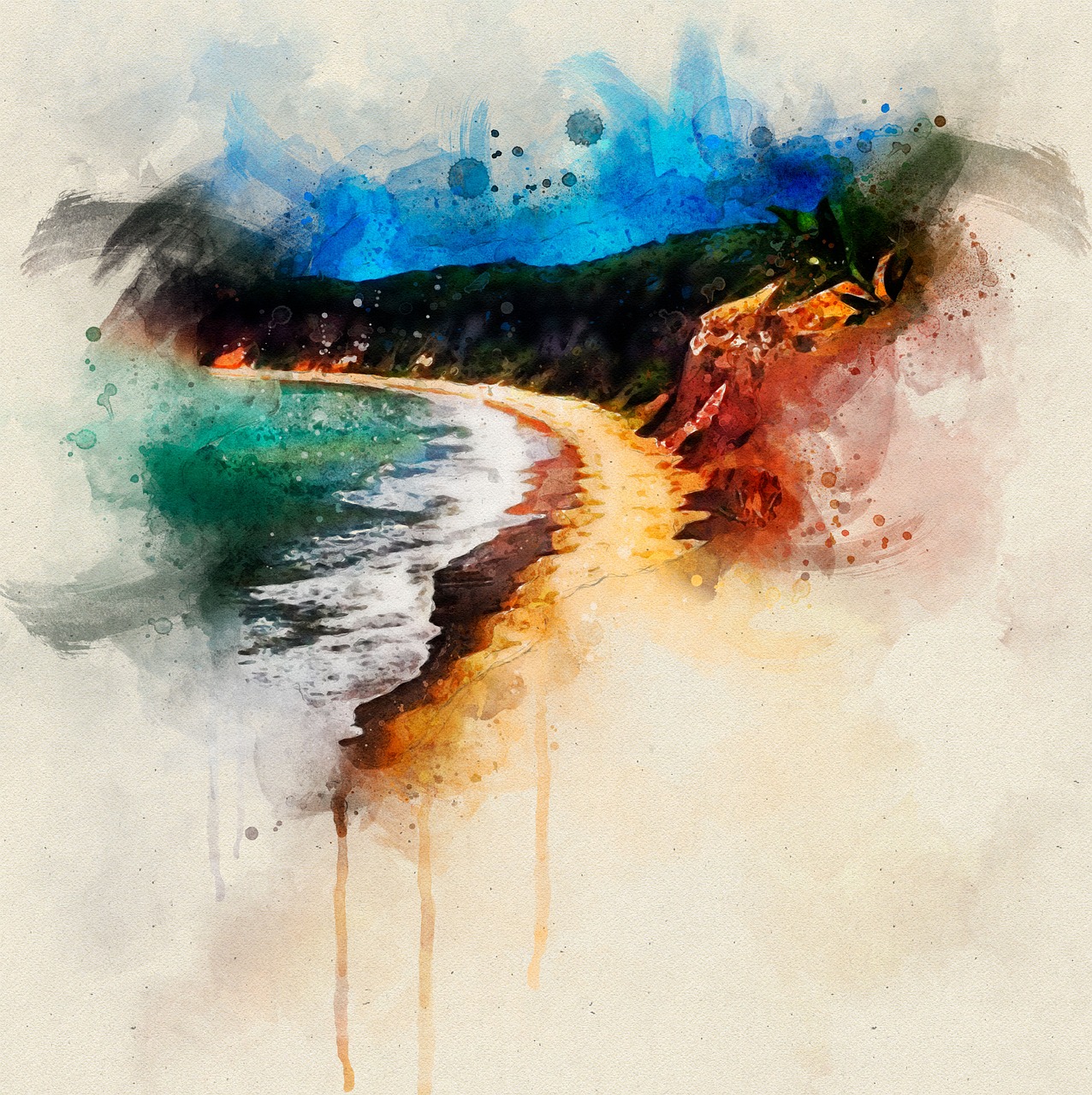 a watercolor painting of a beach on a sunny day, by Alexander Bogen, shutterstock, digital art, mixed media style illustration, abel tasman, amazing blend effect, splash painting