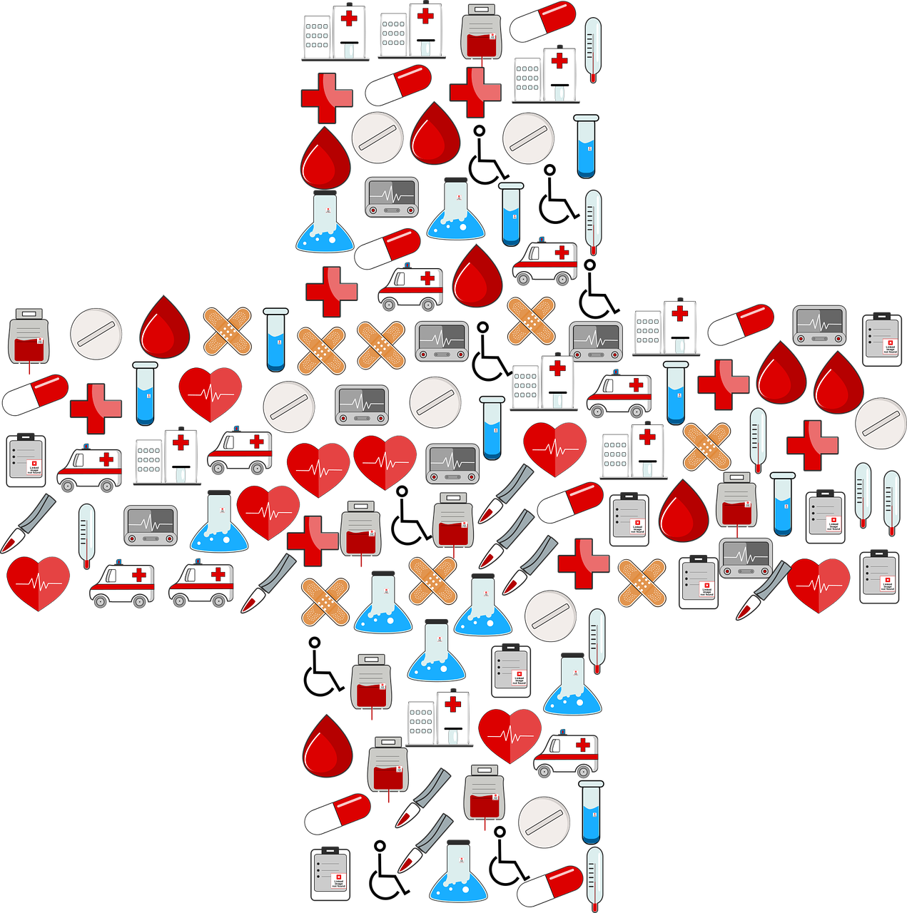 a cross made of medical icons on a black background, vector art, by Bernardo Daddi, pixabay, pixel art, crimson - black color scheme, sticker design vector