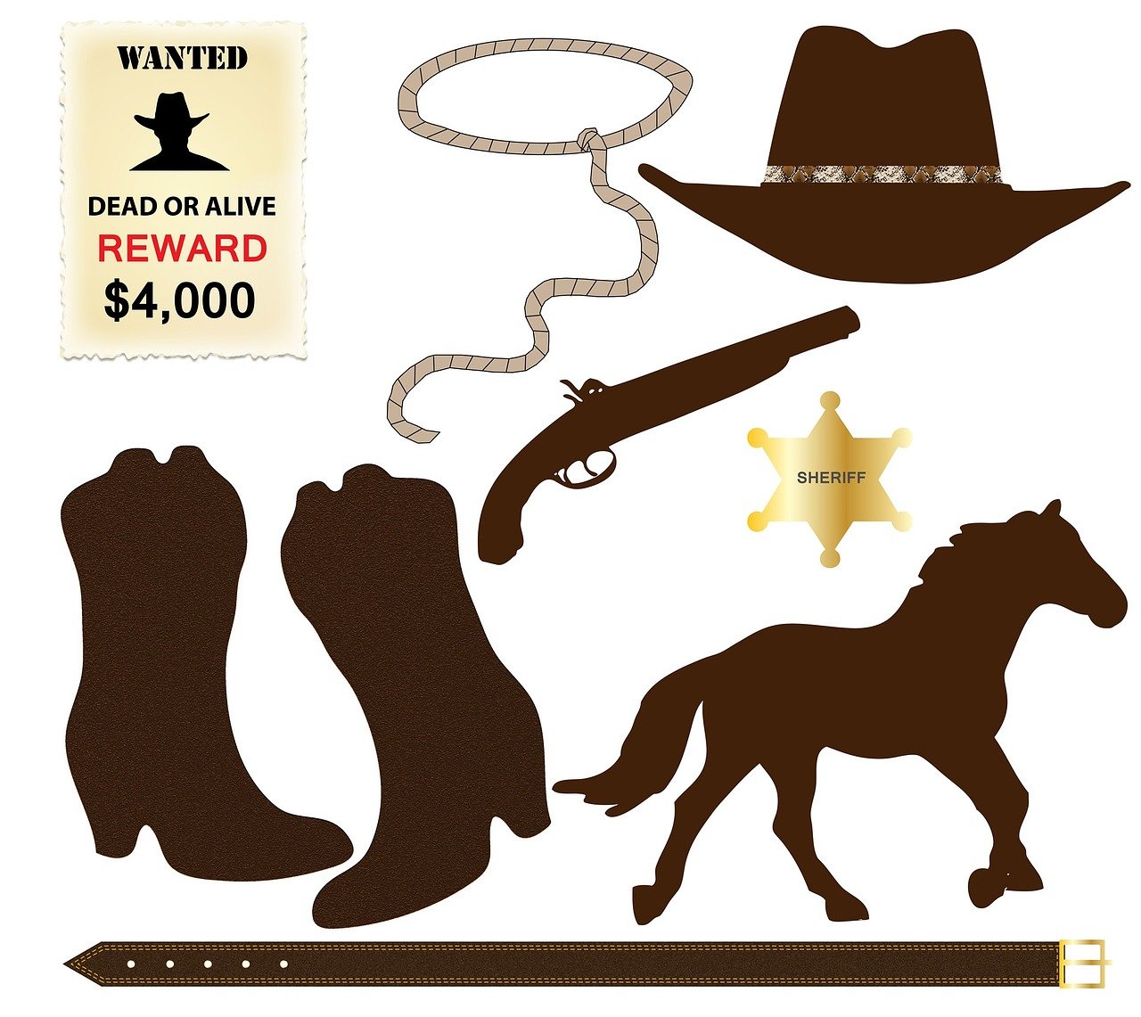 a pair of cowboy boots, a cowboy hat, a gun, and a sheriff badge, an illustration of, wanted poster, various pose, black gloves!! and boots, arabian