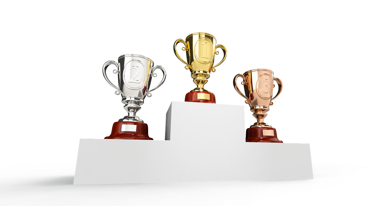 a group of three trophies sitting on top of a table, digital art, 3 d white shiny thick, winning photo, various colors, “ golden cup