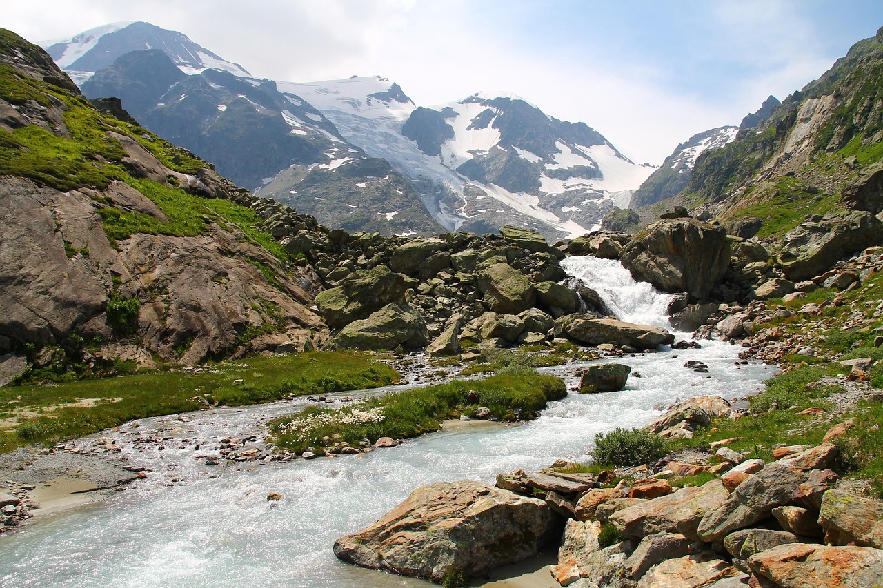 a mountain stream running through a lush green valley, a picture, by Werner Andermatt, shutterstock, with a snowy mountain and ice, july 2 0 1 1, france, water fall
