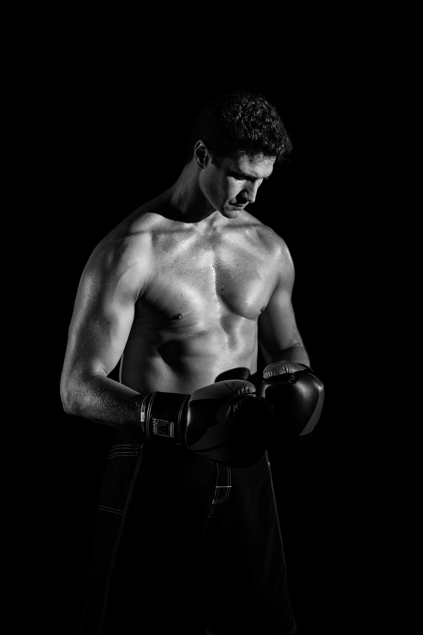 a shirtless man holding a pair of boxing gloves, a portrait, inspired by Yousuf Karsh, figuration libre, well lit professional photo