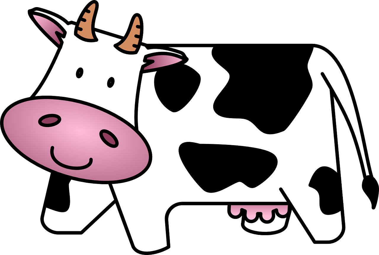 a black and white cow with a pink nose, a cartoon, pixabay, andy milonakis as a goat, no gradients, white with black spots, random cows