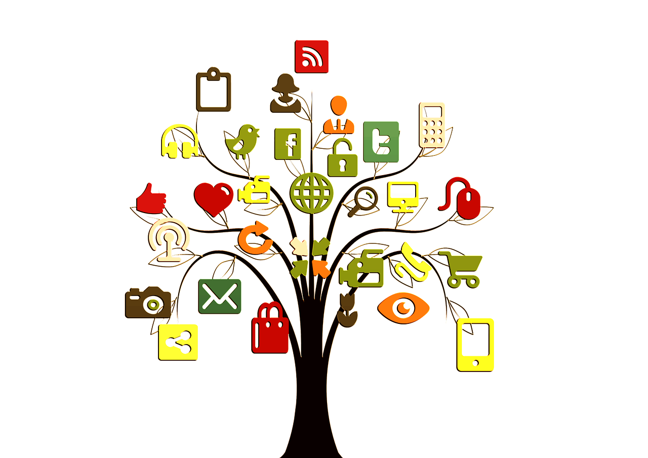 a tree with a lot of social icons on it, by Mirko Rački, pixabay, dada, slice of life”, iphone photo, pictoplasma, gold