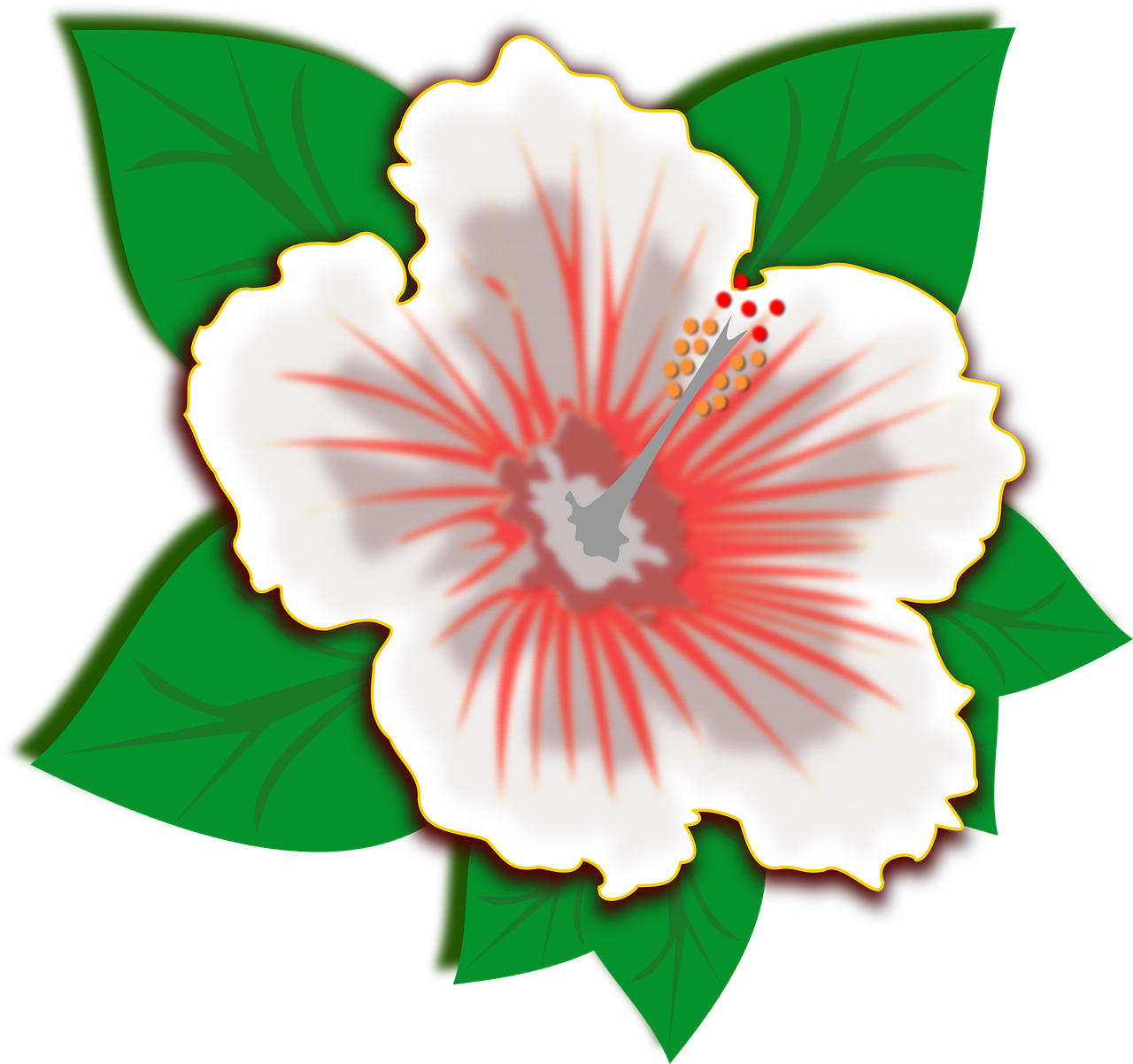 a white and red flower with green leaves, a digital rendering, inspired by Masamitsu Ōta, flickr, sōsaku hanga, hibiscus, various posed, icon, tropical lighting