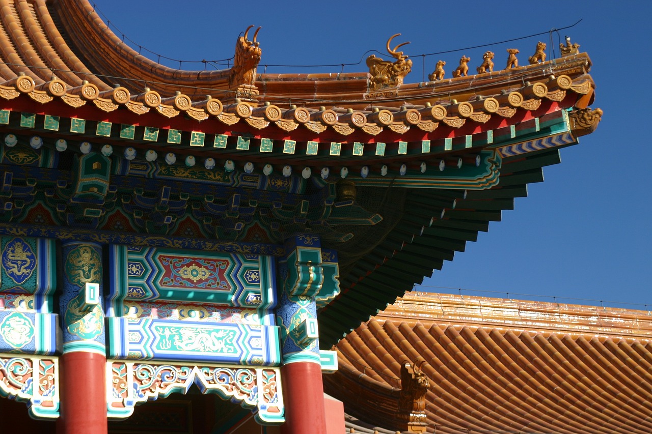 a close up of the roof of a building, inspired by Huang Ding, flickr, cloisonnism, pillars and arches, morning lighting, a colorful, scales made of jade