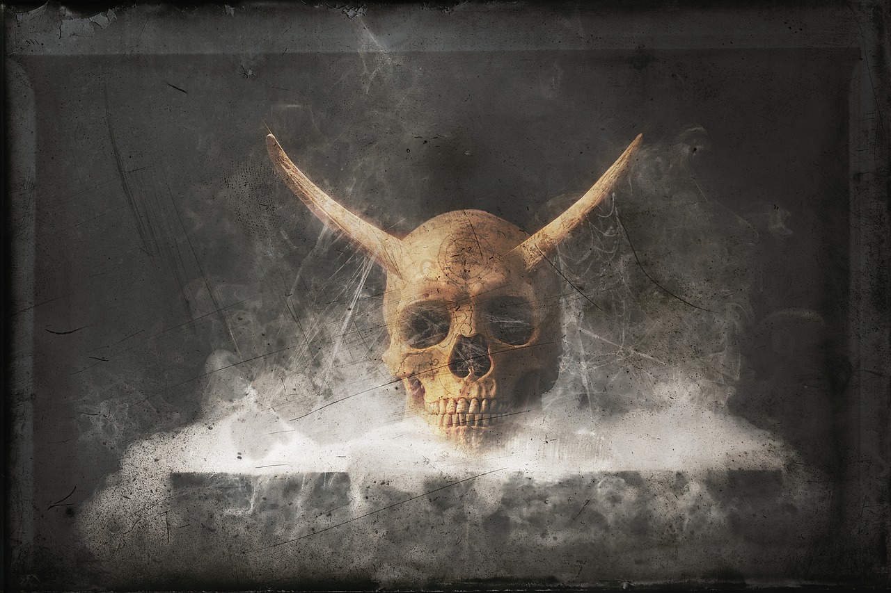 a skull with horns sticking out of it's mouth, by Artur Tarnowski, digital art, unnerving mist, texturized, manowar album cover, horns!