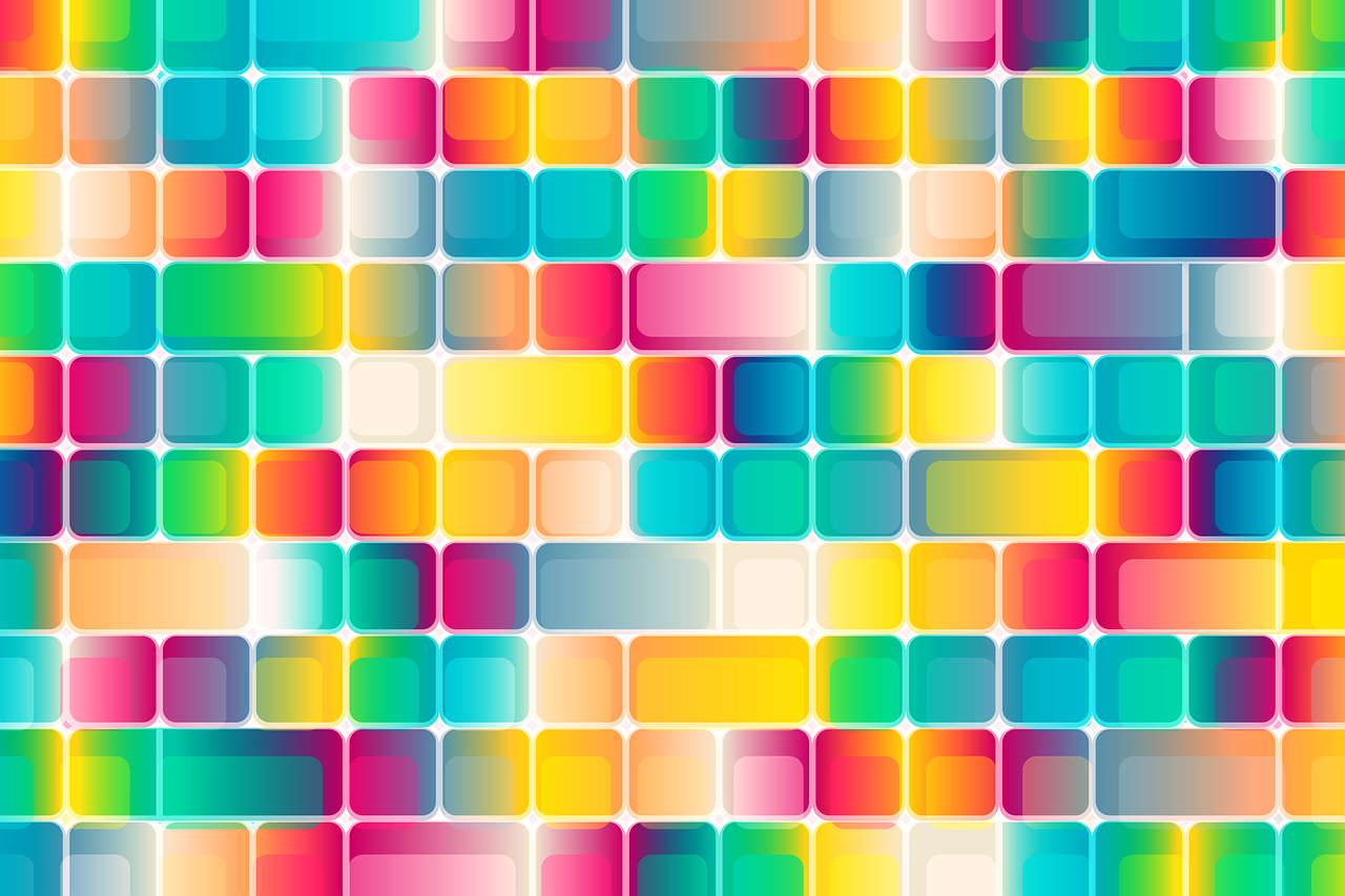 a colorful pattern of squares and rectangles, pixel art, by Kume Keiichiro, shutterstock, vibrant colors smooth gradients, icon pattern, bokeh color background, colorful plastic