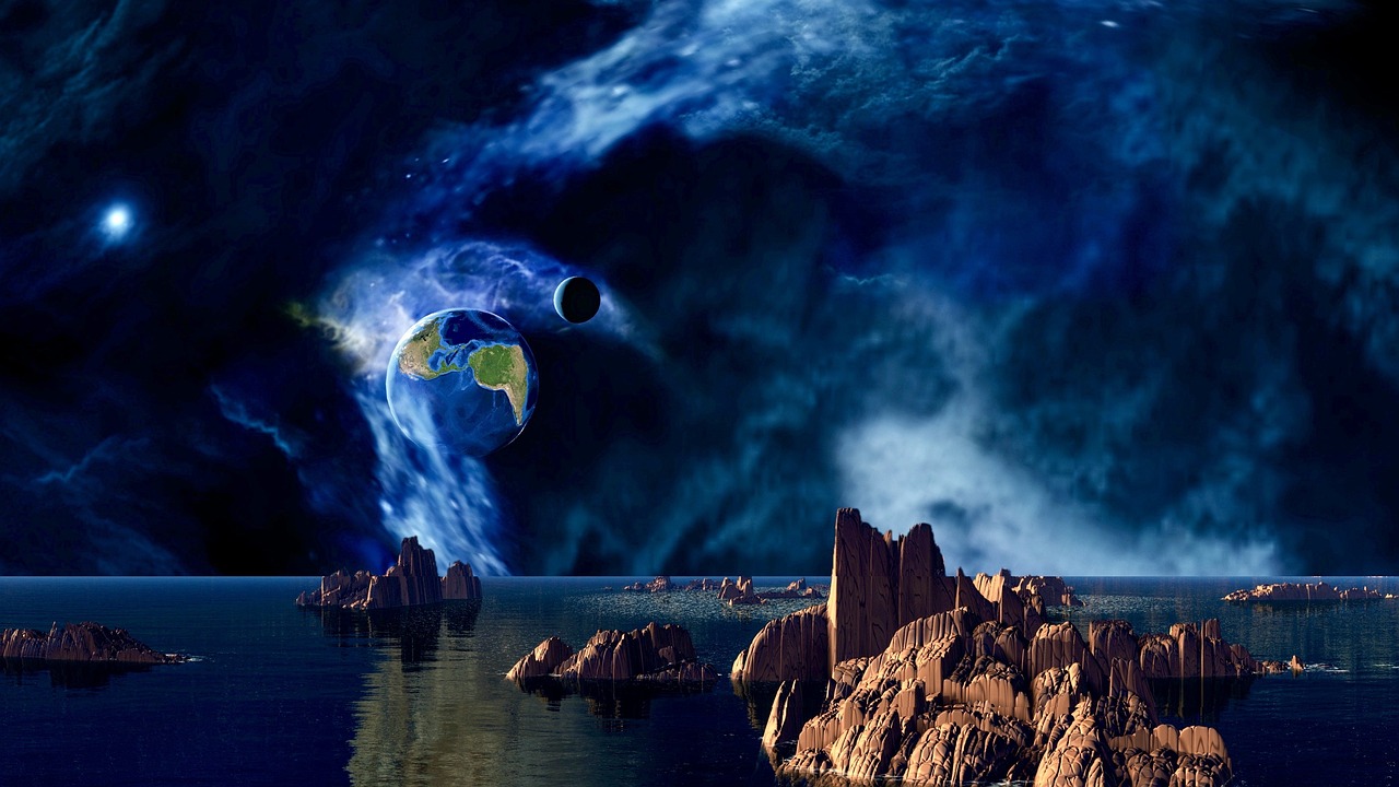 a large body of water surrounded by rocks, a matte painting, space art, the moon crashing into the earth, space clouds, beautiful random images, apocalyptic tumultuous sea